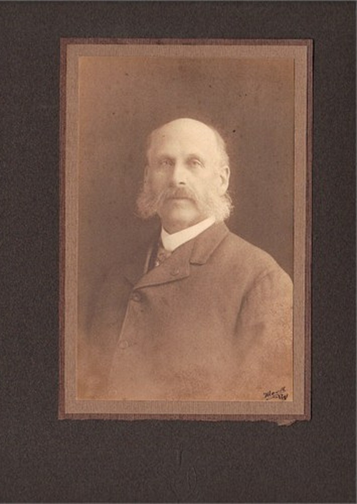 Studio portrait of Bray Wilkins in later life: an older man with heavy side whiskers,
              in a dark coat and white collar, mounted on a period photographer's card.